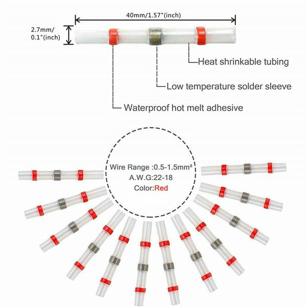 150PCS Solder Seal Sleeve Heat Shrink Butt Wire Connectors Waterproof Terminals