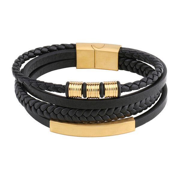 Men's Stainless Steel Leather Bracelet Multilayer Braided Cuff Magnetic ClaspAU