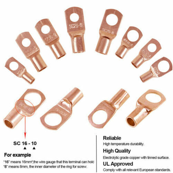 140PCS Cable Lugs Battery Copper Ring Crimp Terminals Electrical Wire Connectors