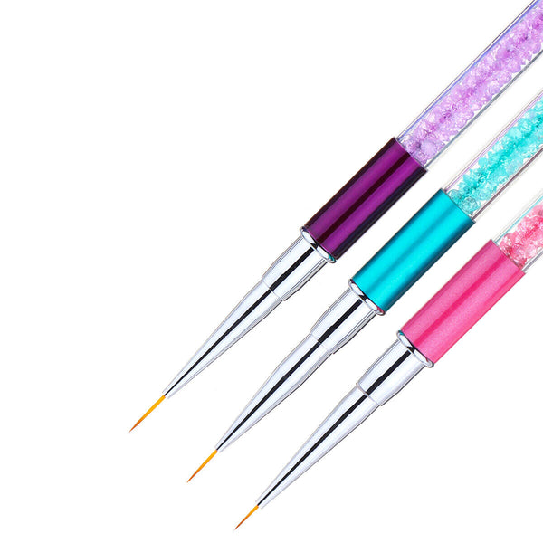 3Pcs Nail Art Liner Brush Pen Rhinestone Handle Salon Using Nylon Hair Brushes