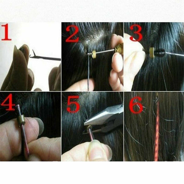 50pcs Grizzly Synthetic Feather Straight Hair Extensions 40cm With 50 Beads Set