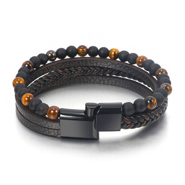 Mens Leather Braided Surfer Wristband Bracelet Tiger Eyes Beaded Bangle Gift