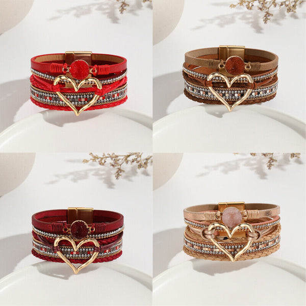 Chic Women Multi-Color Leather Wrap Bracelet Love Heart Charms Magnetic Clasp