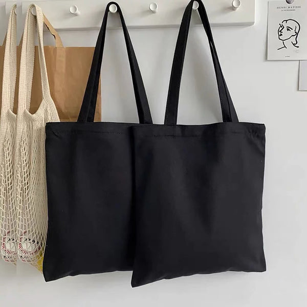 Black Plain Canvas Tote Bag With Base Large Capacity Handbag Casual Shoulder Bag