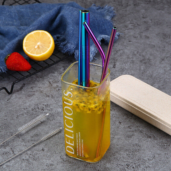 7PCS Reusable Metal Stainless Steel Straws Drinking Straw Spoon Set with Brush