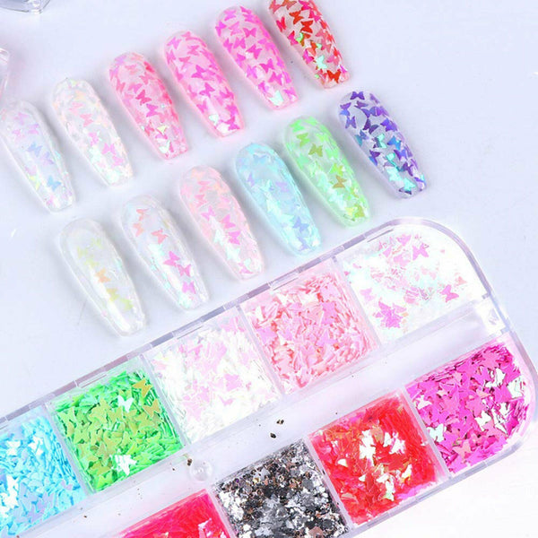 1/2X 12 Colours Butterfly Flakes Glitter Nail Sequins Nail Art Flakes Makeup DIY
