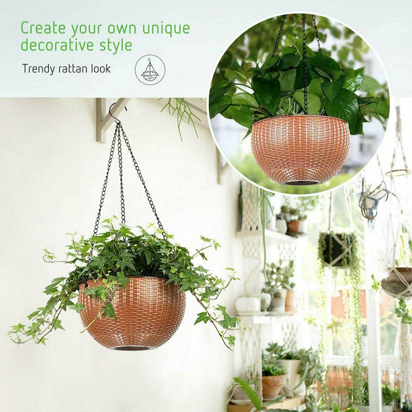 2x Landen Rattan Hanging Plant Pots Flower Baskets Planters Self Watering Wall
