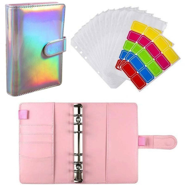 A6 PU Laser Leather Notebook Binder Budget Planner Organizer Cash Binder Pockets