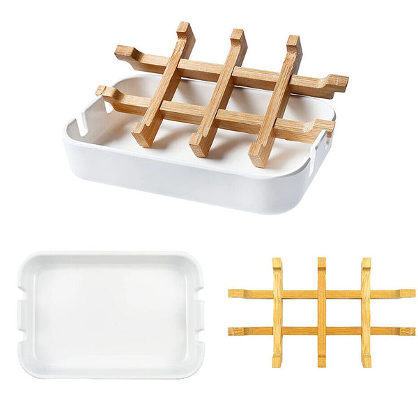 1-2pcs Soap Dish Bamboo Wooden Drain Container Bathroom Shower Soap Holder AUS