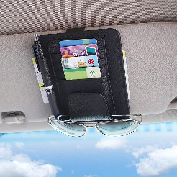 Sun Visor Organizer Sunglasses Holder Card Storage PU Leather Pouch Car Black AU