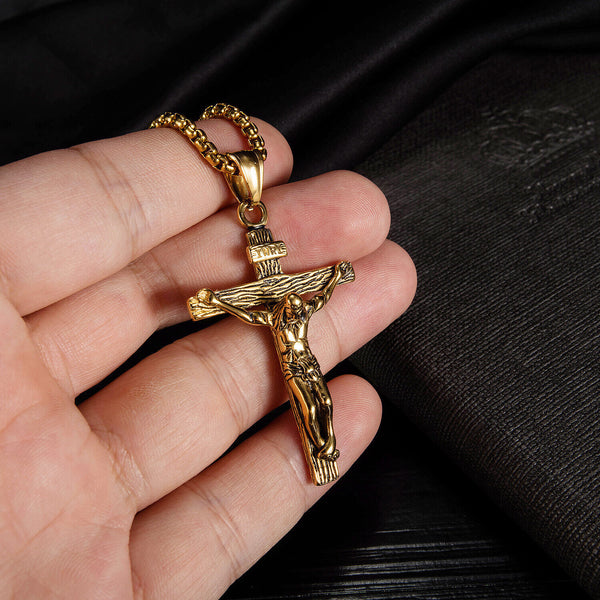 Men Stainless Steel Gold Silver Old Gold Jesus Crucifix Pendant Chain Necklace