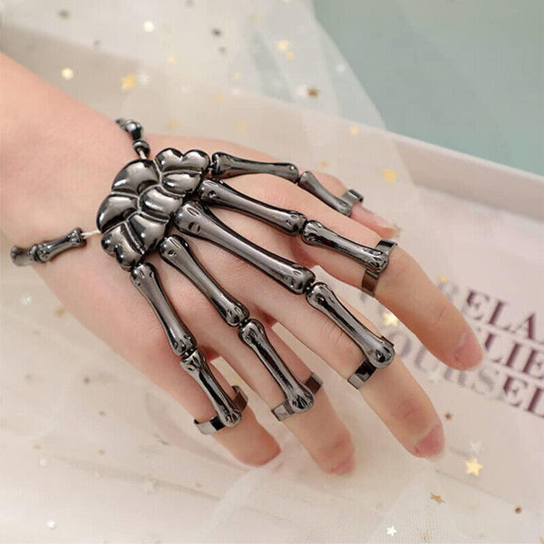 Punk Skeleton Hand Bone Five Finger Ring Bracelet Adjustable Halloween Brace AU
