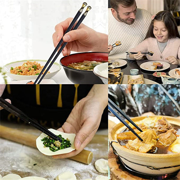 5Pairs Alloy Chopsticks Fibreglass Set Black Premium Asian Japanese Gold Black