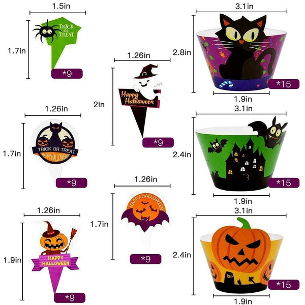 24PCS Halloween Cupcake Toppers Wrappers Halloween Party Decoration