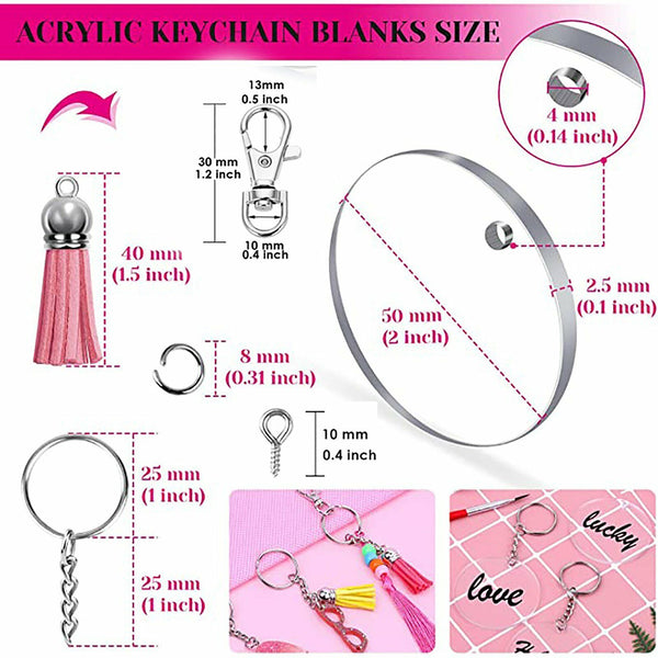 180X Clear Acrylic Circle Discs Keychain Blanks Tassel Pendant Key Ring Kit DIY