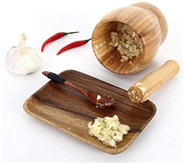 Set Mortar+Pestle Garlic Press Crusher Spice Herb Grinder Tool Hard Wood Natural