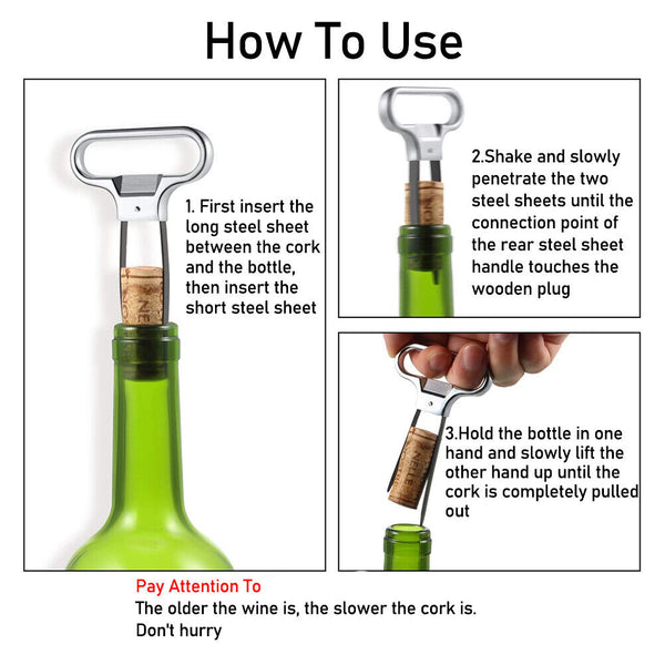 Wine Bottle Opener Cork Two-Prong Puller Damaged Cork Remover Chrome Sheath AU