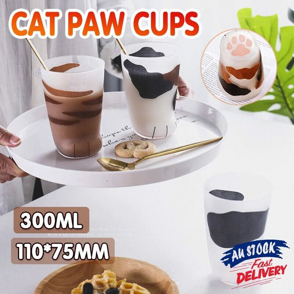 Pair 3 Cat Paw Frosted Calico Cups Glass Milk Cute Gift Tumbler Claw Foot Cute