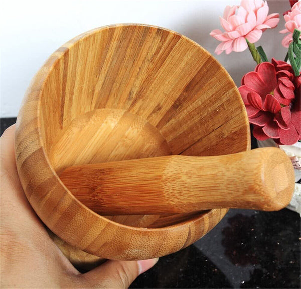 Set Mortar+Pestle Garlic Press Crusher Spice Herb Grinder Tool Hard Wood Natural