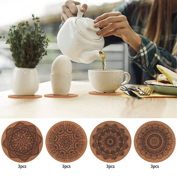 12PCS Cup Coasters Coffee Pad With Rack Nordic Mandala Round Cork Coaster New AU