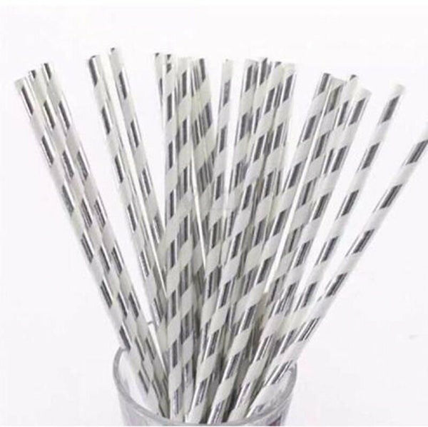 100x Colourful Paper Drinking Straws Straw FOIL Metallic Striped Party Wedding