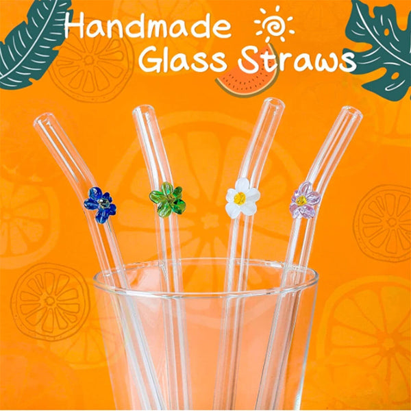 5PCS Flower Glass Pyrex Drinking Straws Pack Bent Straight Reusable Eco-Friendly