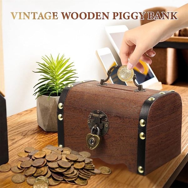 Wooden Treasure Chest Retro Money Storage Box Case Coin Piggy Bank Organizer AUS