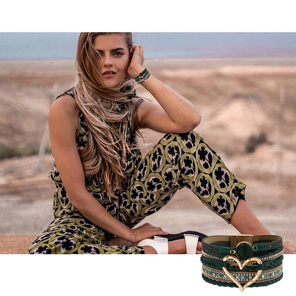 Chic Women Multi-Color Leather Wrap Bracelet Love Heart Charms Magnetic Clasp
