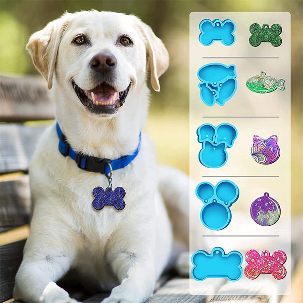 5x Dog Bone Cat Tag Pet Pendant Silicone Resin Molds +10pcs Keychain DIY Tool AU