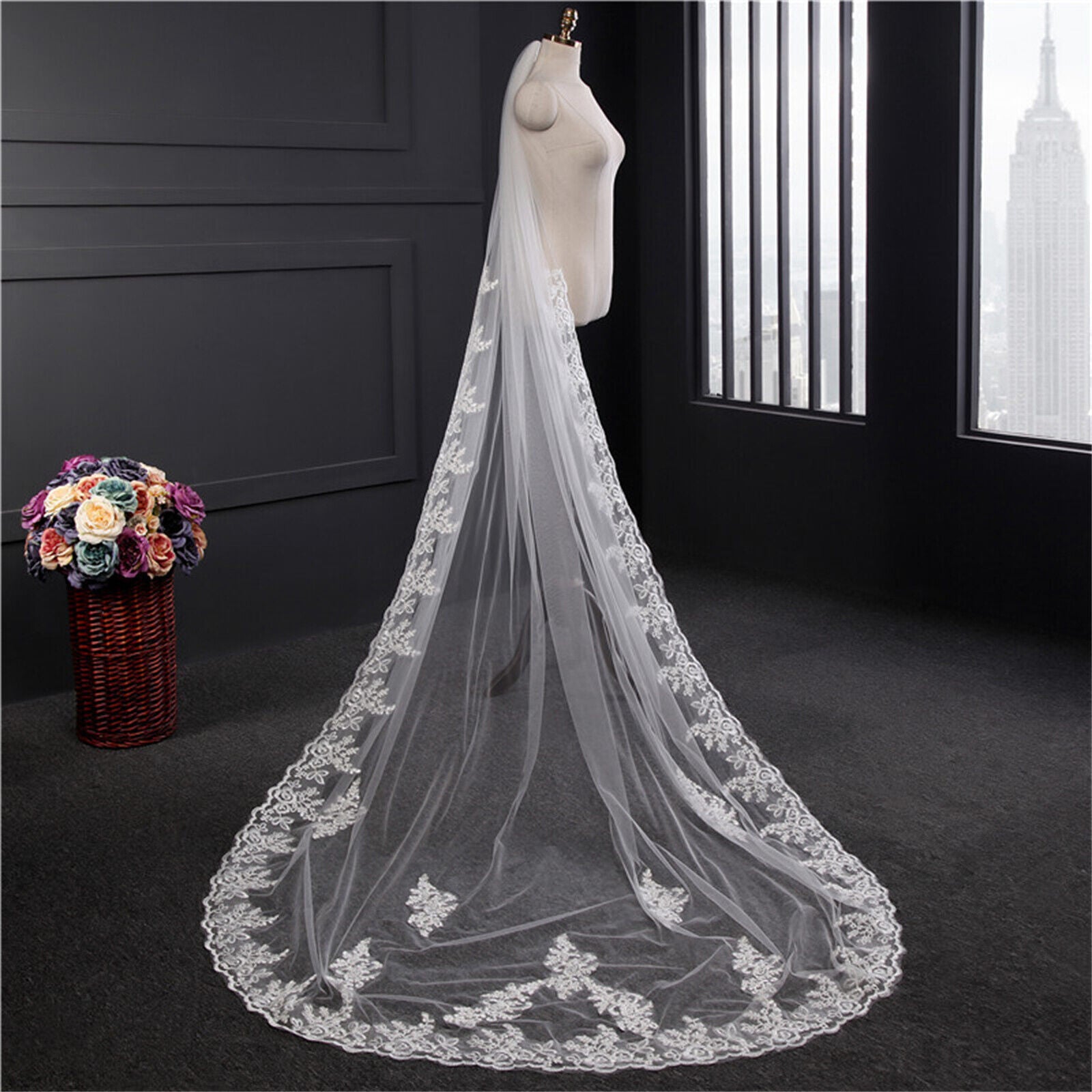 White Lvory  Women Bridal Wedding Cathedral Length Veil 1Layer Long Lace + Comb