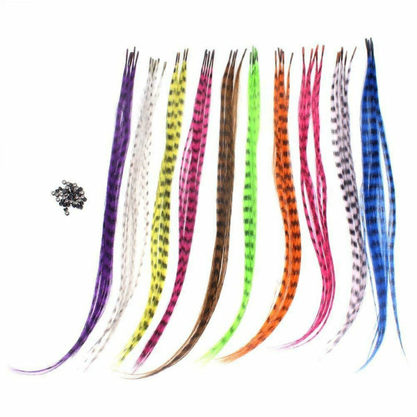 50pcs Grizzly Synthetic Feather Straight Hair Extensions 40cm With 50 Beads Set