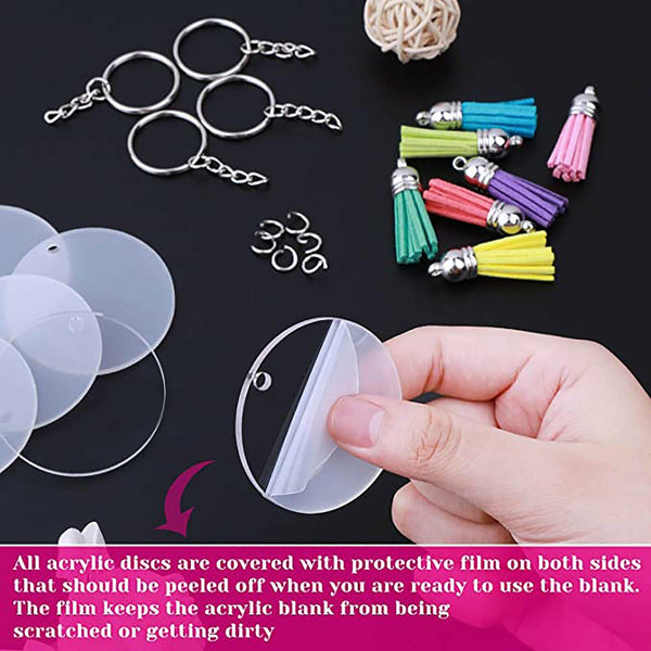 180X Clear Acrylic Circle Discs Keychain Blanks Tassel Pendant Key Ring Kit DIY