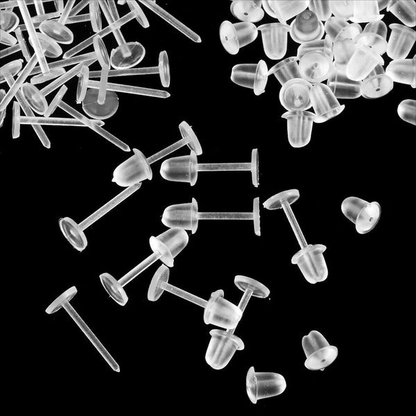 100x Clear Plastic Flat Earrings Studs & Backings - Transparent Invisible Blank