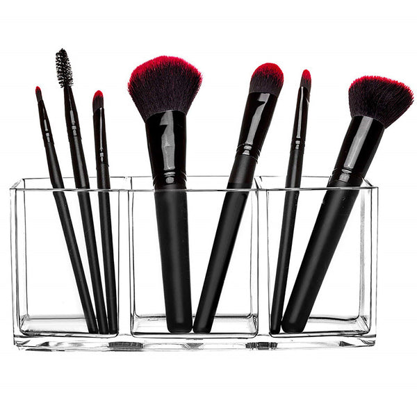 3 Slot Makeup Brush Holder Organizer Clear Cosmetic Brushes Acrylic Storage Case