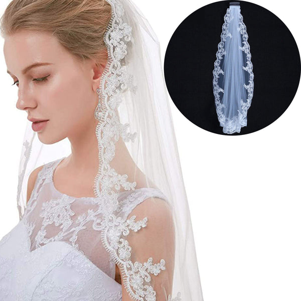 White Lvory  Women Bridal Wedding Cathedral Length Veil 1Layer Long Lace + Comb