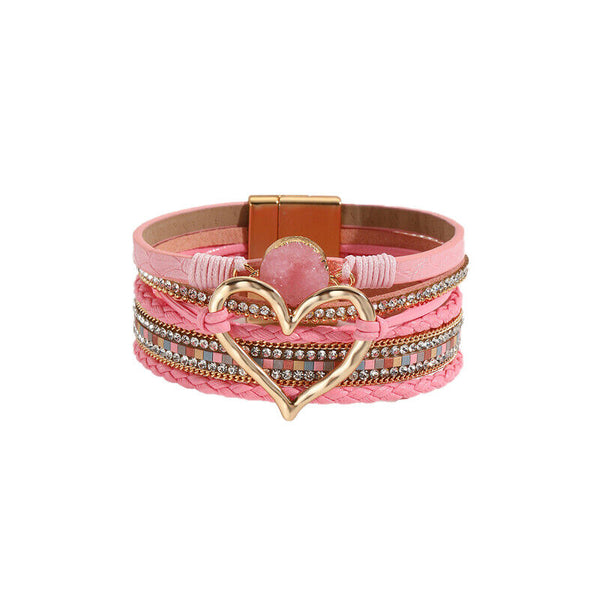 Chic Women Multi-Color Leather Wrap Bracelet Love Heart Charms Magnetic Clasp