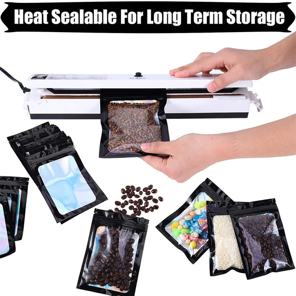 100PCS Mylar Pouch Lock Food Storage Foil Bags Smell Proof Bags Heat Seal Black