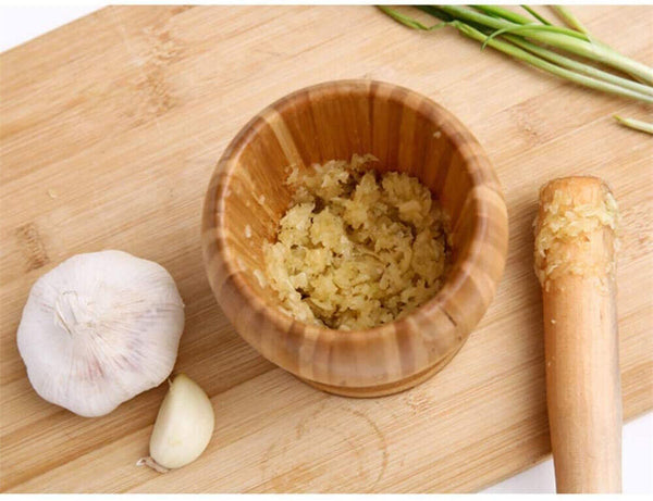 Set Mortar+Pestle Garlic Press Crusher Spice Herb Grinder Tool Hard Wood Natural