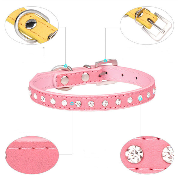 Suede Dog Collar Kitten Cat Puppy Pet safety Release adjustable Rhinestone Bell