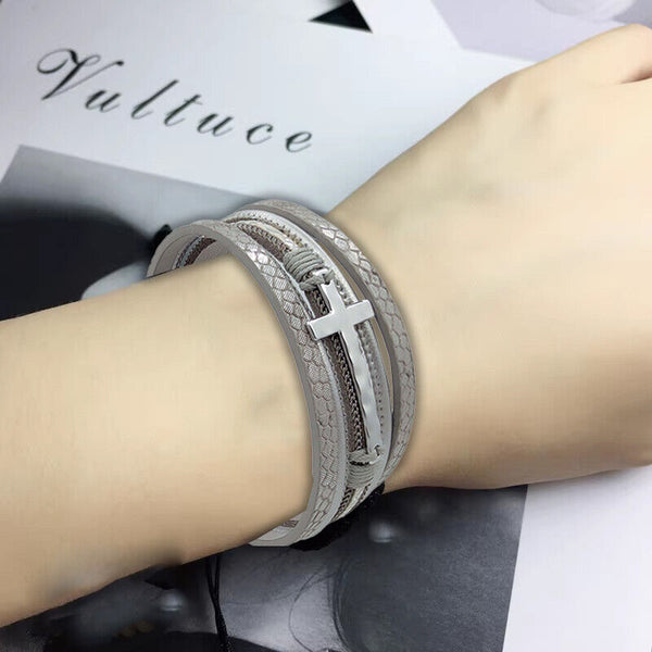 Men Cross Bracelet Multi-Layer Leather Wristband Stainless Steel Stylish Gift AU