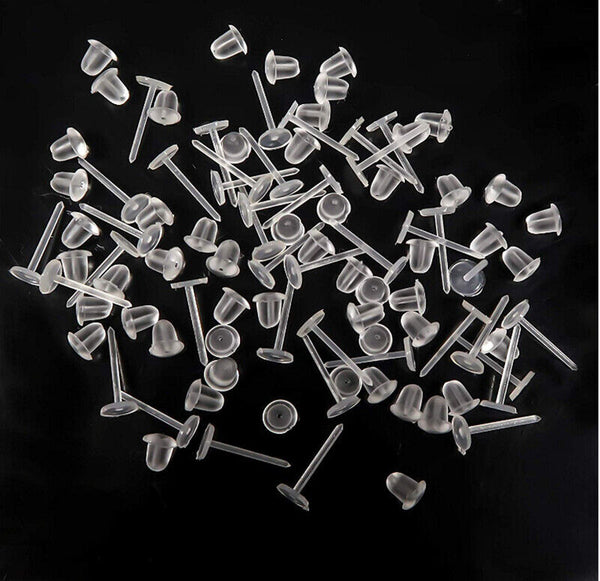 100x Clear Plastic Flat Earrings Studs & Backings - Transparent Invisible Blank