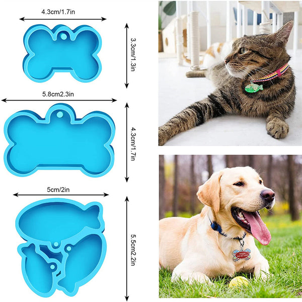 5x Dog Bone Cat Tag Pet Pendant Silicone Resin Molds +10pcs Keychain DIY Tool AU