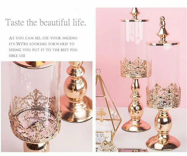 2xWedding Gold Metal Candy Jar Dessert Table Decor Covered Biscuit Glass Storage