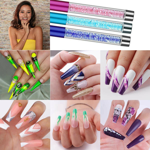 3Pcs Nail Art Liner Brush Pen Rhinestone Handle Salon Using Nylon Hair Brushes