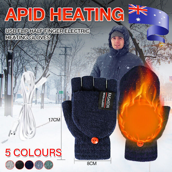 Winter Electric Rechargeable Mitten Heated Gloves Half Finger W/Hat USB Knitted