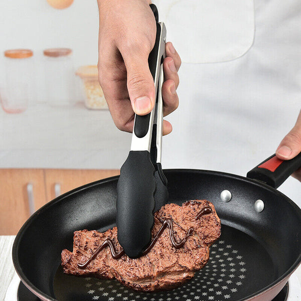 2Pack Black Kitchen Tongs Premium Silicone BPA Free Non-Stick Stainless Steel AU