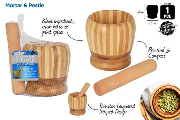 Set Mortar+Pestle Garlic Press Crusher Spice Herb Grinder Tool Hard Wood Natural