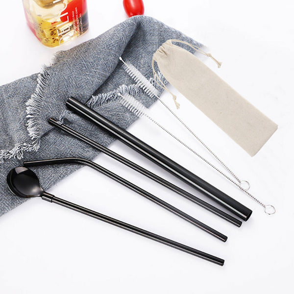 7PCS Reusable Metal Stainless Steel Straws Drinking Straw Spoon Set with Brush