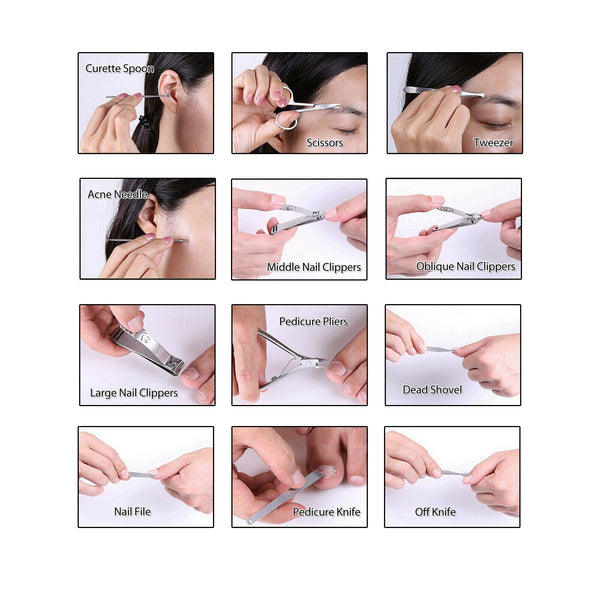 12Pcs/Set Manicure Pedicure Stainless Nail Clippers Kit Cuticle Grooming Case AU