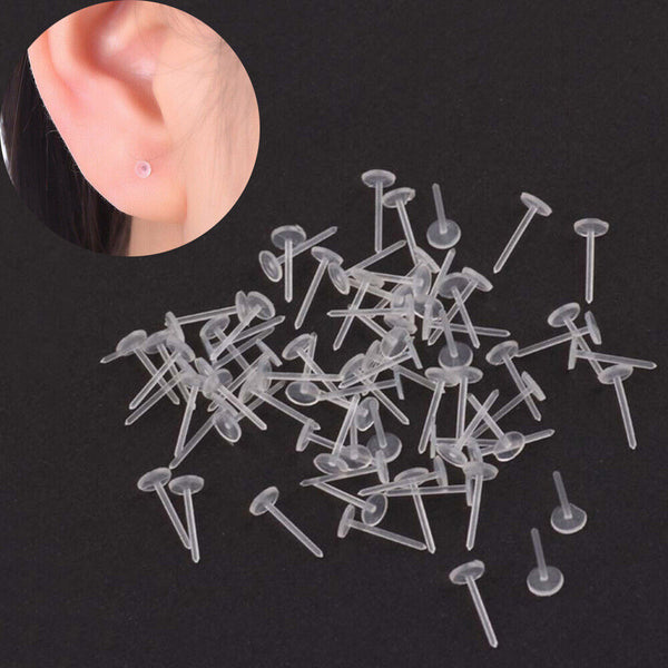 100x Clear Plastic Flat Earrings Studs & Backings - Transparent Invisible Blank